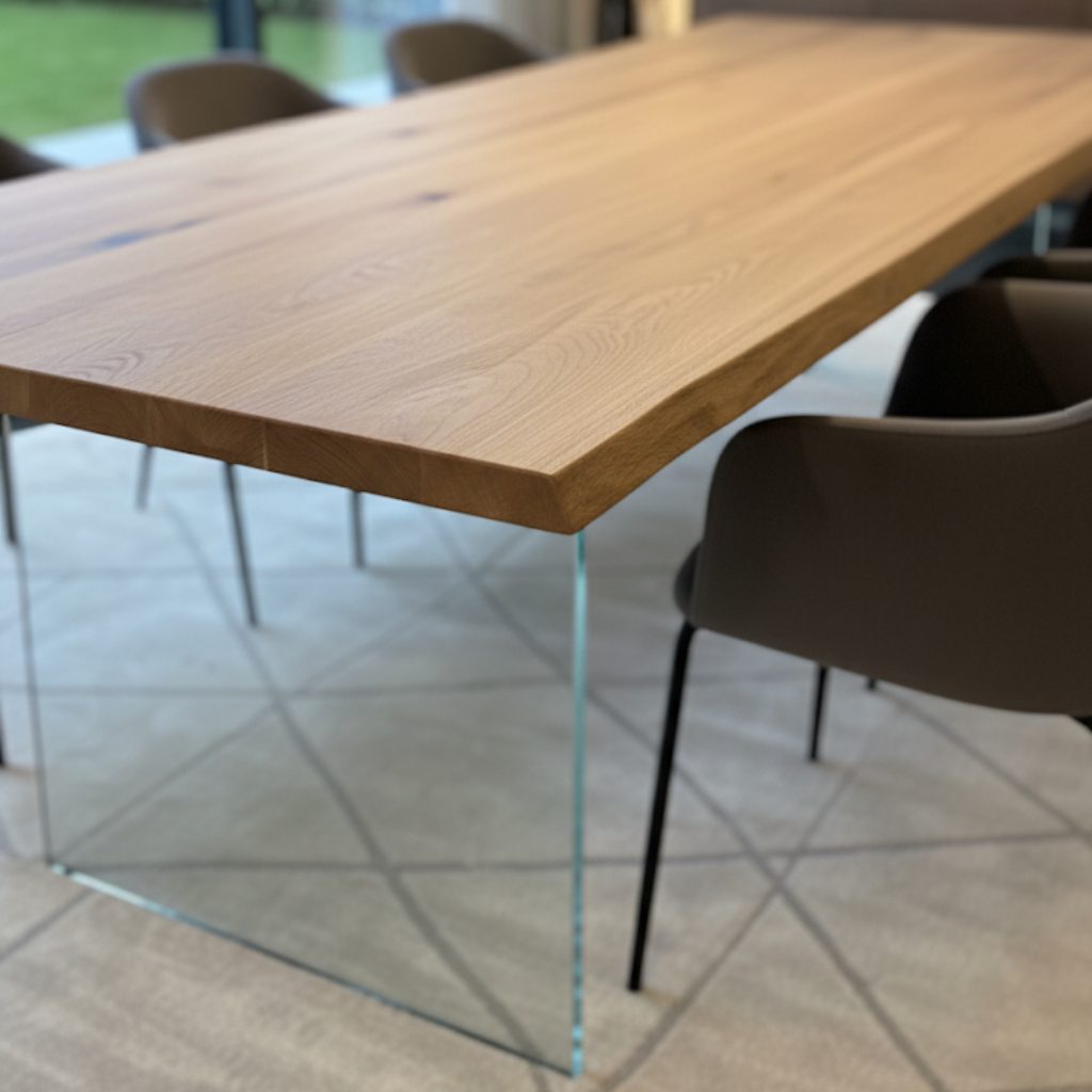 Tavolo in legno massello di rovere e gambe in vetro - immagine 3